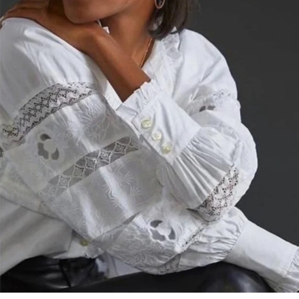 Anthropologie Love The Label Puff-Sleeved Lace Buttondown - Picture 3 of 15